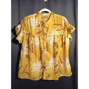 Ces Femme Medium Mustard Yellow Floral Flowy Button Up Summer Vacation